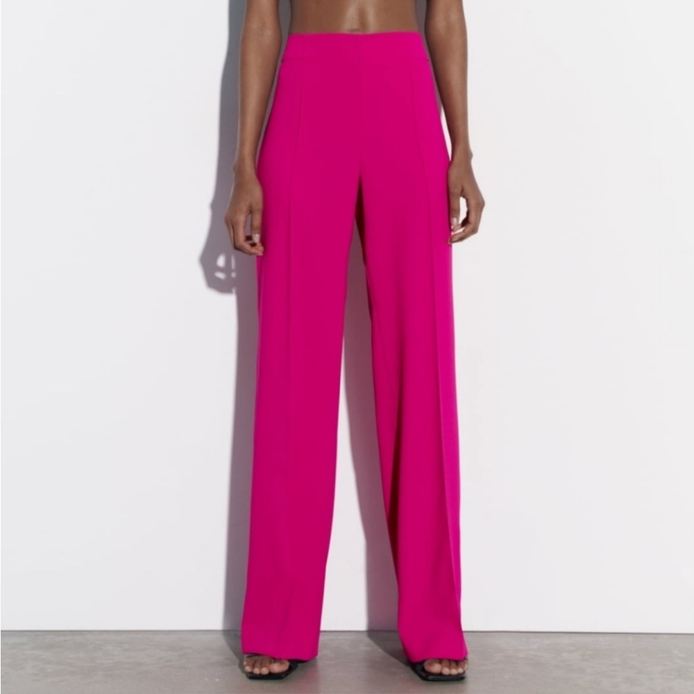 Zara Wide-Leg High-Rise Pants in Bright Fuchsia